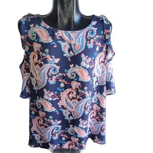 Artizan Blue and Pink Paisley Print Short Sleeved Cold Shoulder Top XXL
